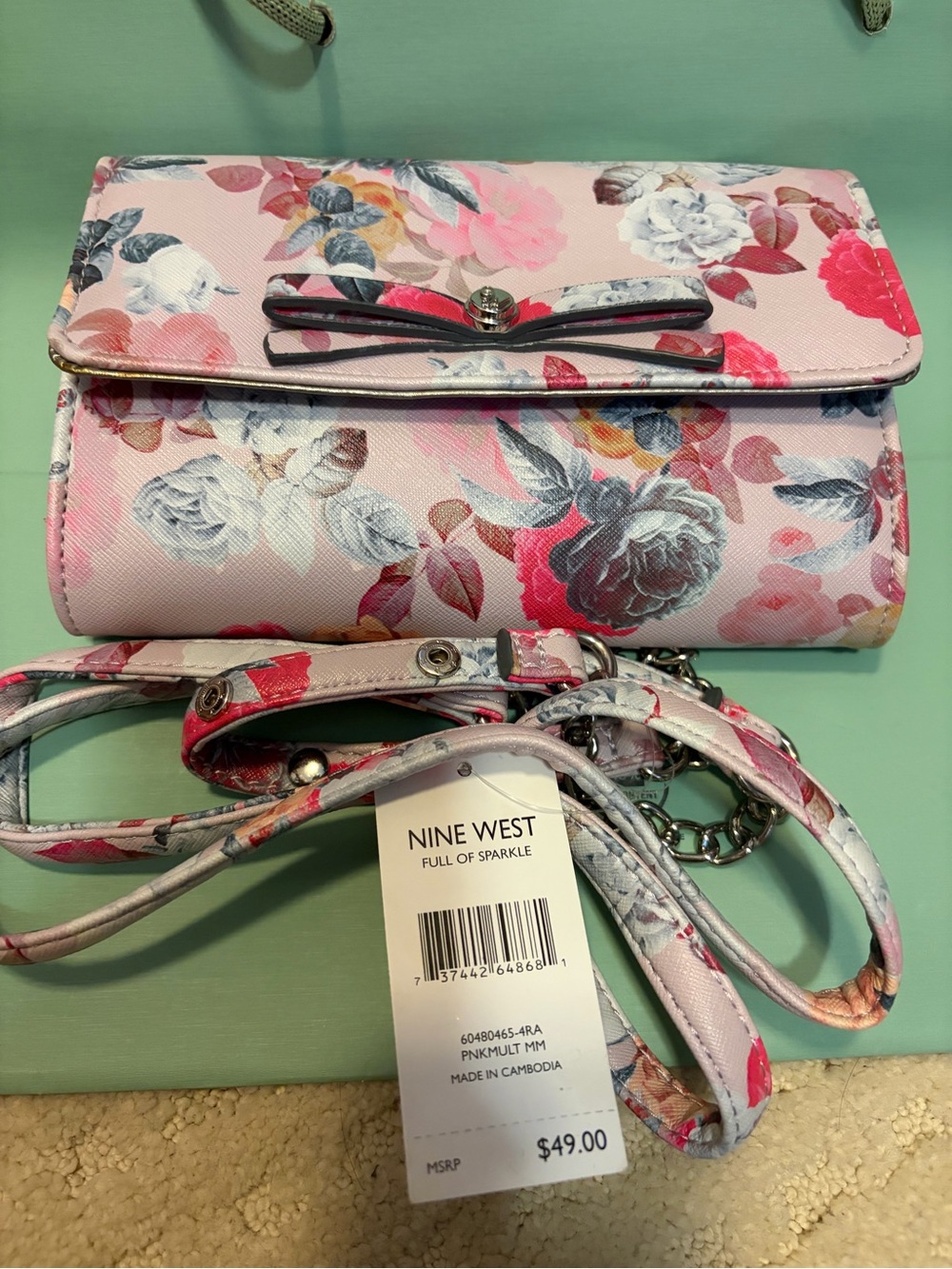 Nine West Pink Floral Wristlet Crossbody with Bow Accent